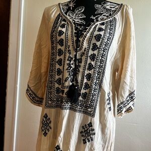 American Eagle Outfitters Cream Tunic with Black Embroidery